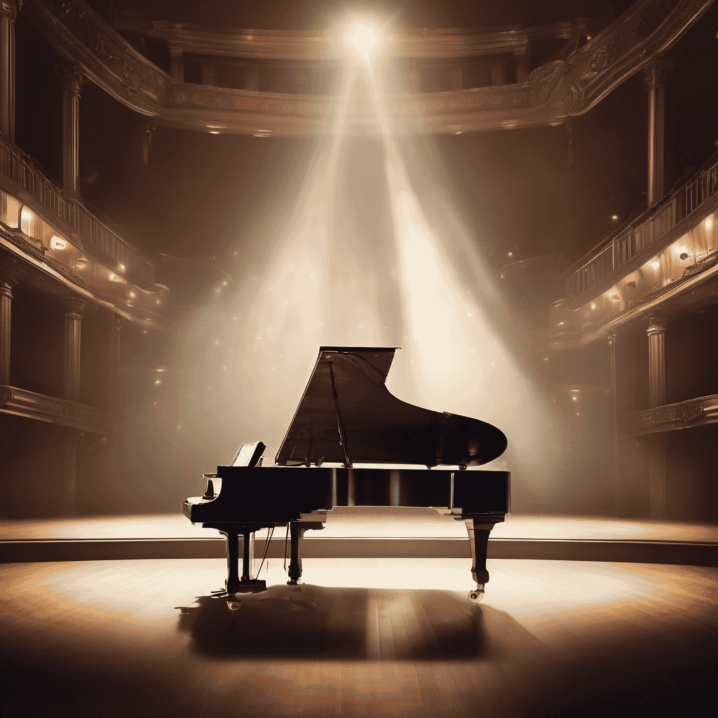 An antique grand piano on a concert hall stage