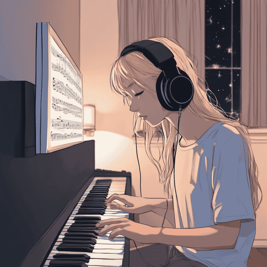 Girl playing digital piano, illustration