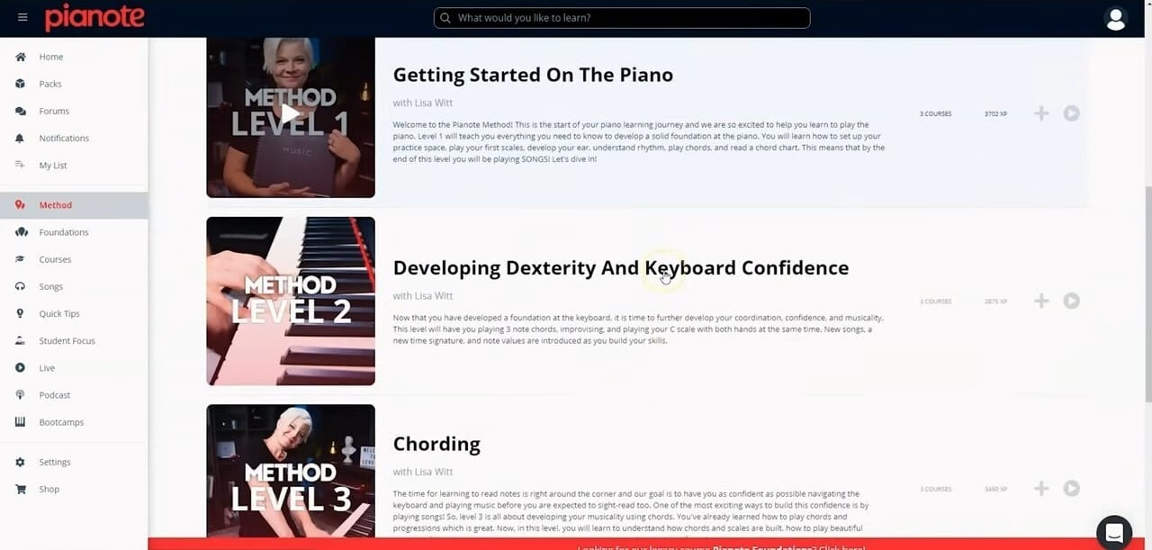 Pianote member dashboard and 10-level Method overview