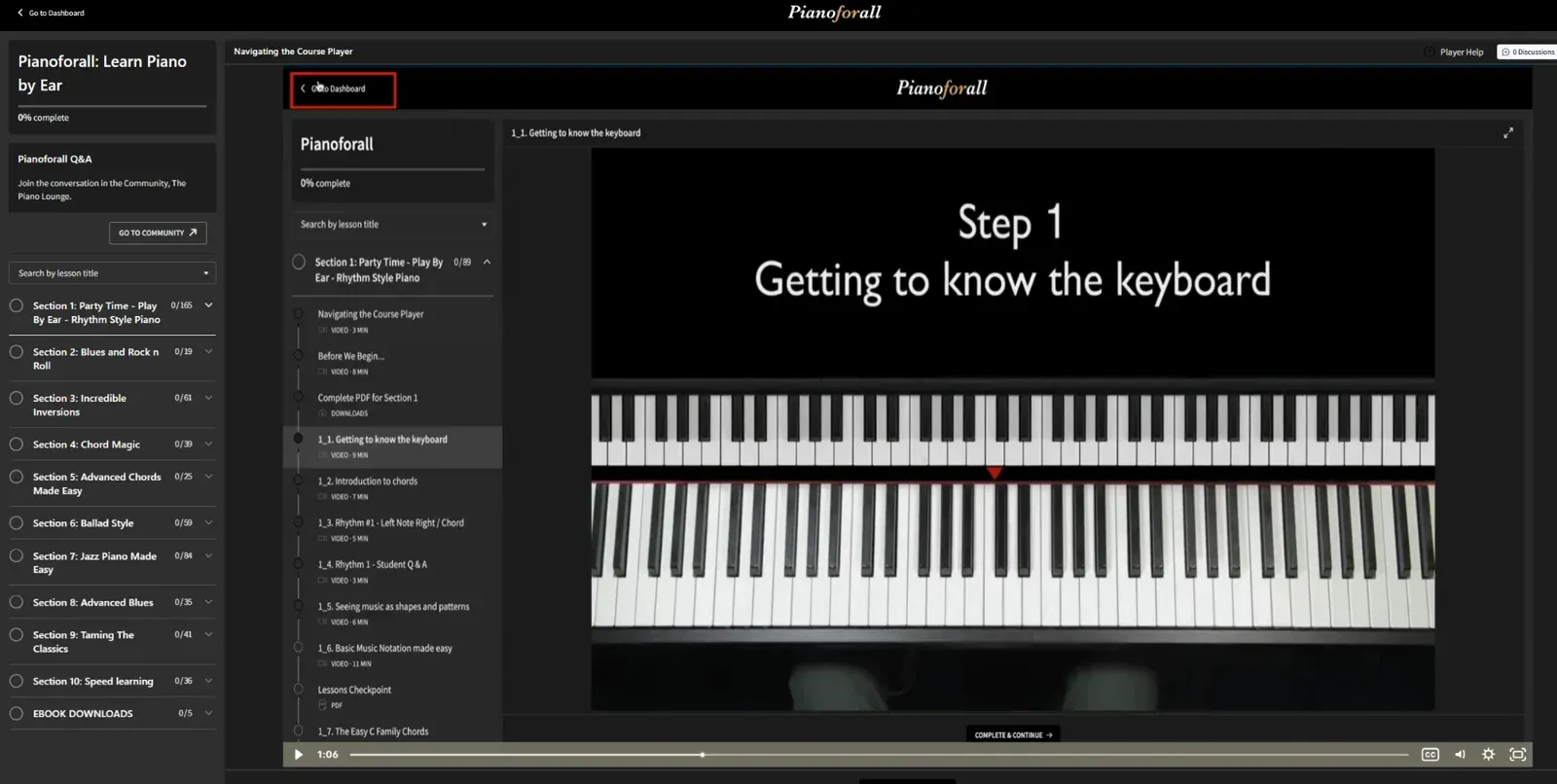 The Pianoforall course player: the 10 course sections on the left, the Section 1 lesson list in the middle and the video lesson Getting to know the keyboard playing on the right