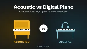 Acoustic vs digital piano, an upright piano and a digital piano with headphones side by side