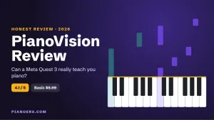 PianoVision review 2026, falling notes landing on piano keys in mixed reality, rated 4.1 out of 5