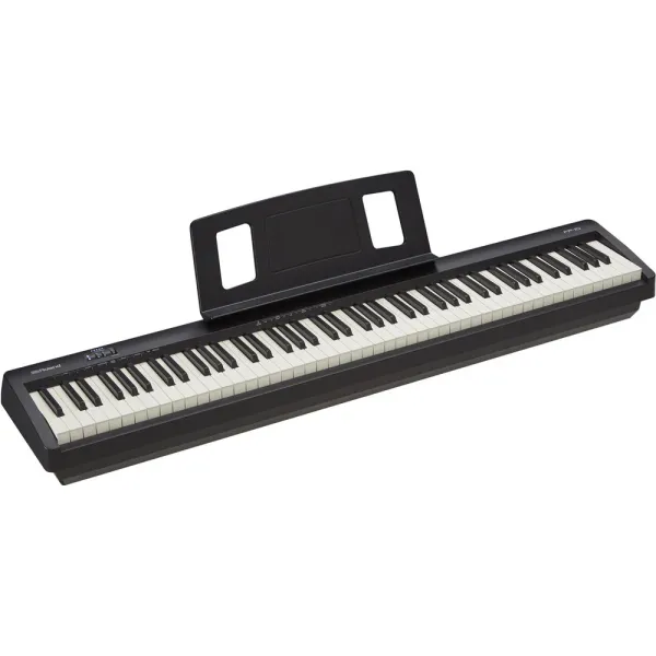 Roland FP-10 88-key digital piano in black with the music rest attached, angled product view
