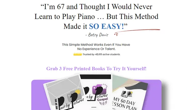 Piano by Pictures sales page with a student testimonial and an offer of three free printed books
