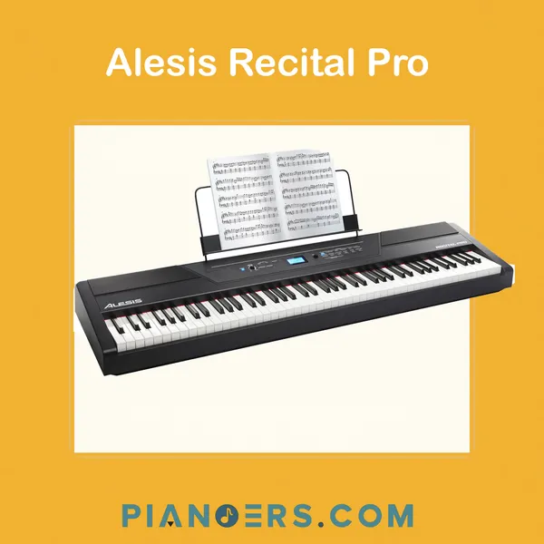 Alesis Recital Pro 88-key digital piano in black with sheet music on the music rest