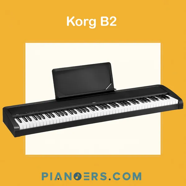 Korg B2 88-key digital piano in black with music rest, angled product view