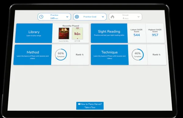 Piano Marvel dashboard on a tablet showing its Library, Method, Sight Reading and Technique sections