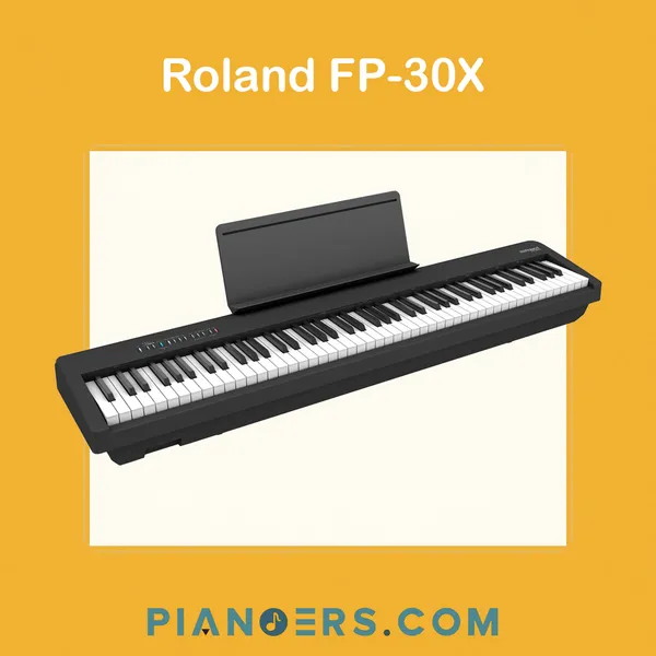 Roland FP-30X 88-key digital piano in black with music rest, angled product view