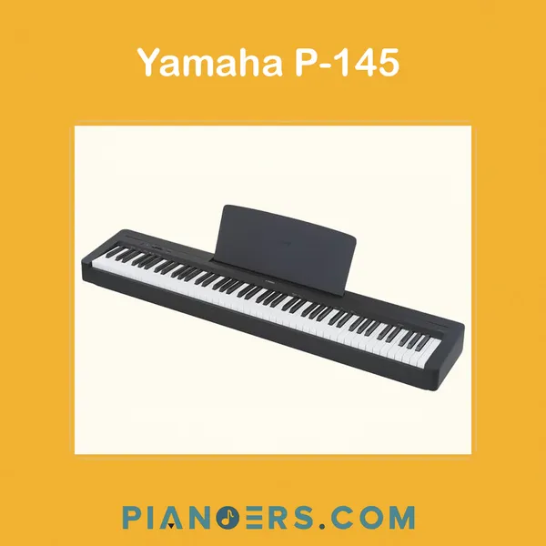 Yamaha P-145 88-key digital piano in black with music rest, angled product view