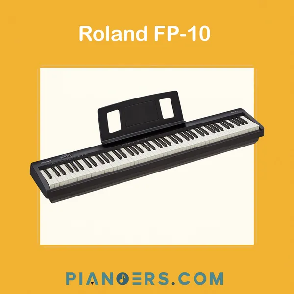 Roland FP-10 88-key digital piano in black with small music rest, angled product view