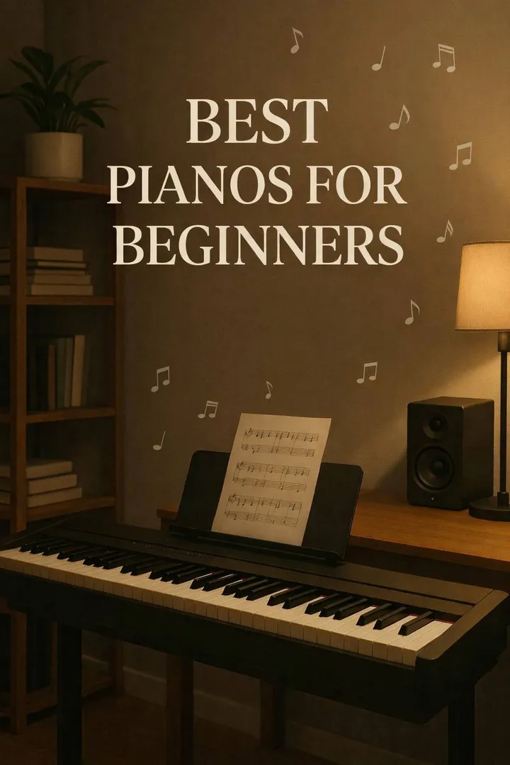 Beginner keyboard piano with sheet music on the stand in a softly lit room